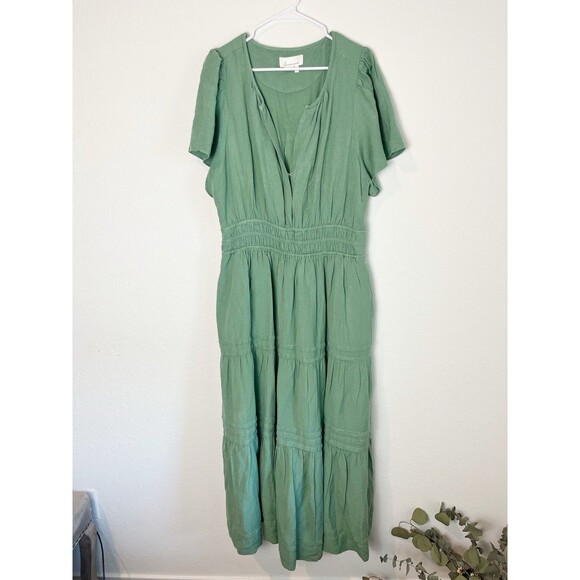 Anthropologie Somerset Teal Tiered Maxi Dress Linen Boho Plus 2X 248 - Picture 2 of 8